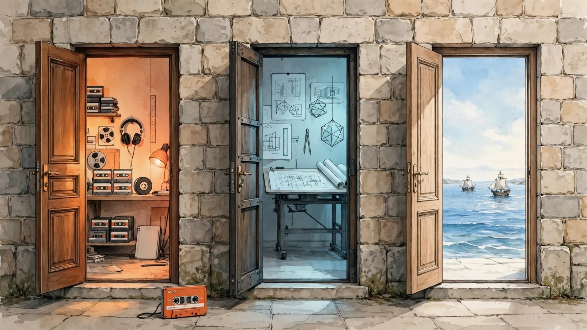 Tre porte aperte in un muro di pietra: la sala d'ascolto, lo studio di progettazione e il mare aperto